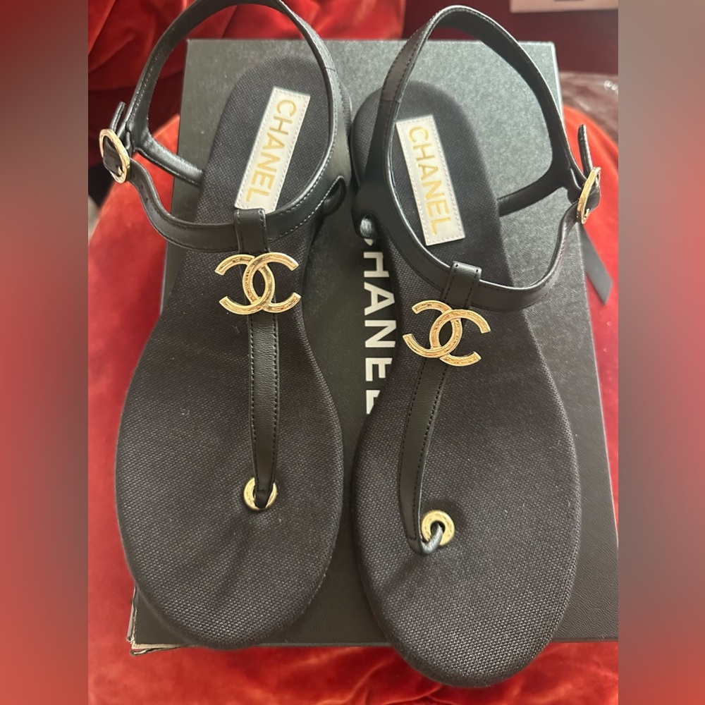 New Chanel Black Sandals with Gold CC Size 42